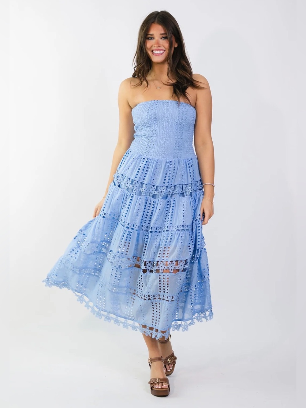 Strut & Bolt Baby Blue Strapless Eyelet Lace Tiered Flower Smocked Midi Dress M